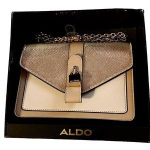 Aldo Tan And Beige 8.5x6x4 Inch Handbag With Gold Chain And Lock In Original Box